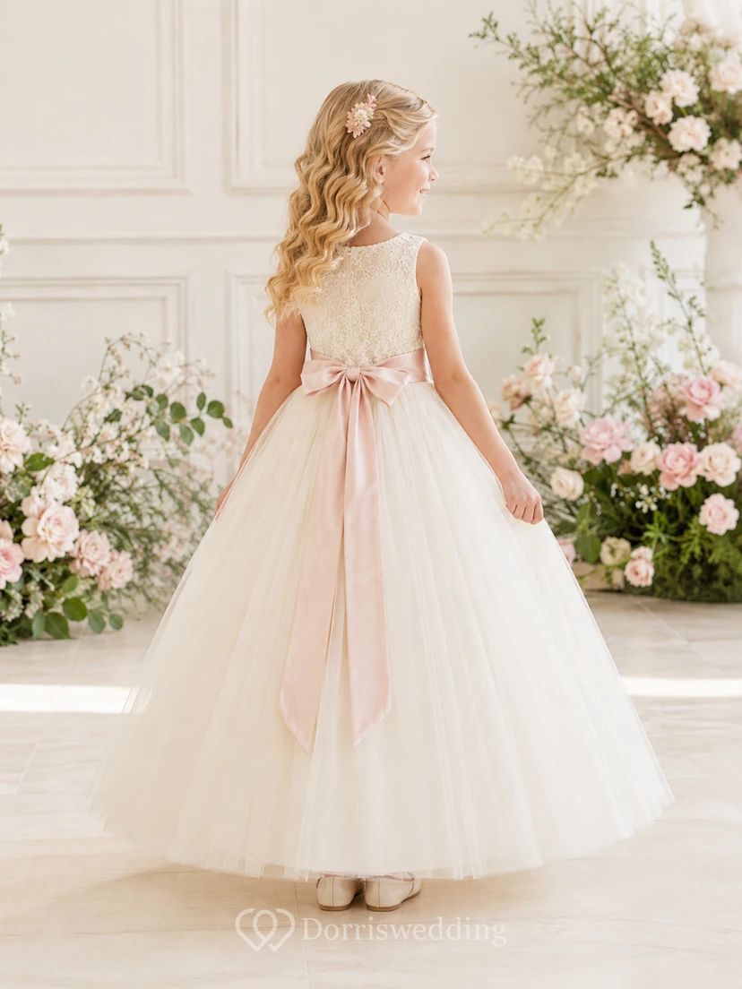 Elegant Romantic Lace Bodice Tulle A-Line Flower Girl Floor-Length Detachable Sash Dress view 2