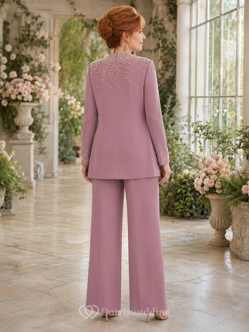 Vintage-Mauve-Luxus-Hosenanzug mit langem Blazer, Perlenrevers und weitem Bein, bodenlang, perfekt für die Mutter der Braut view 2