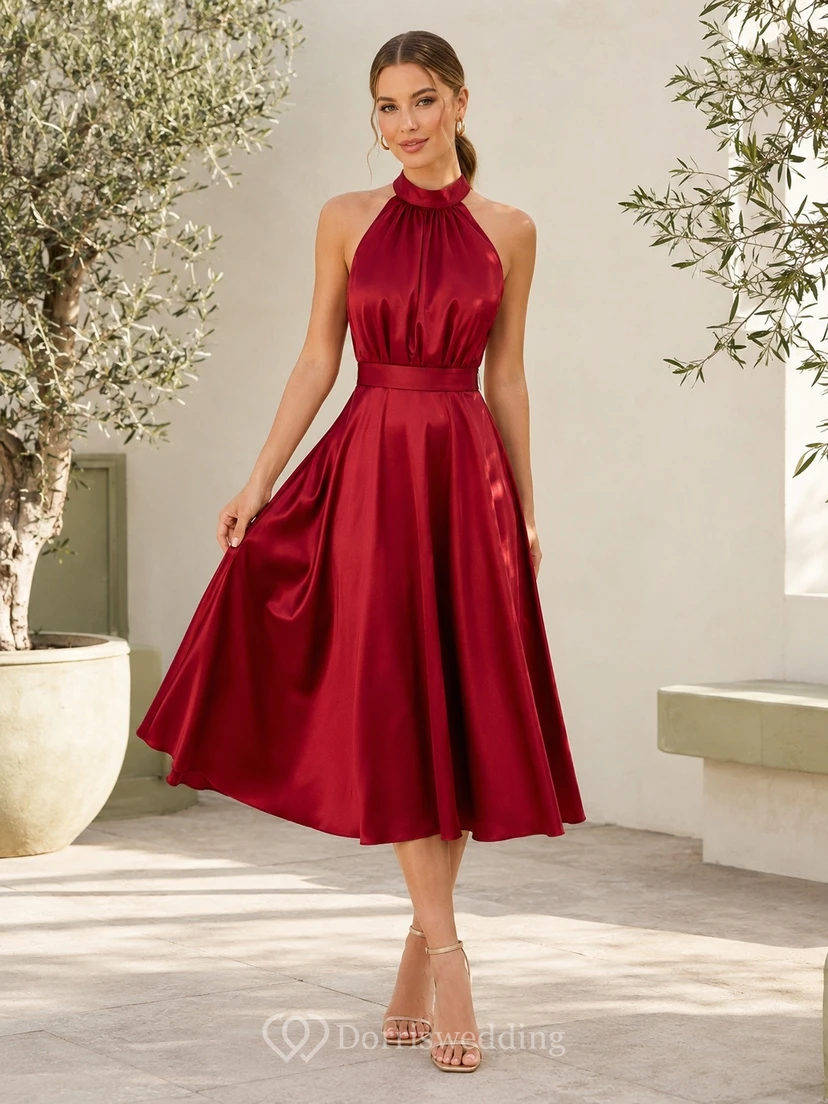 Red Halter Sleeveless Ruched Satin A-Line Tea-Length Dress