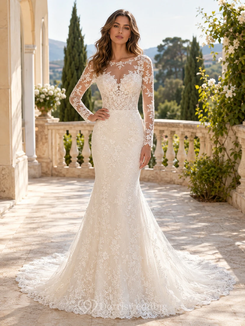 Robe de mariée sirène en dentelle raffinée, col montant transparent, manches longues transparentes, traîne chapelle, applications florales et dos illusion