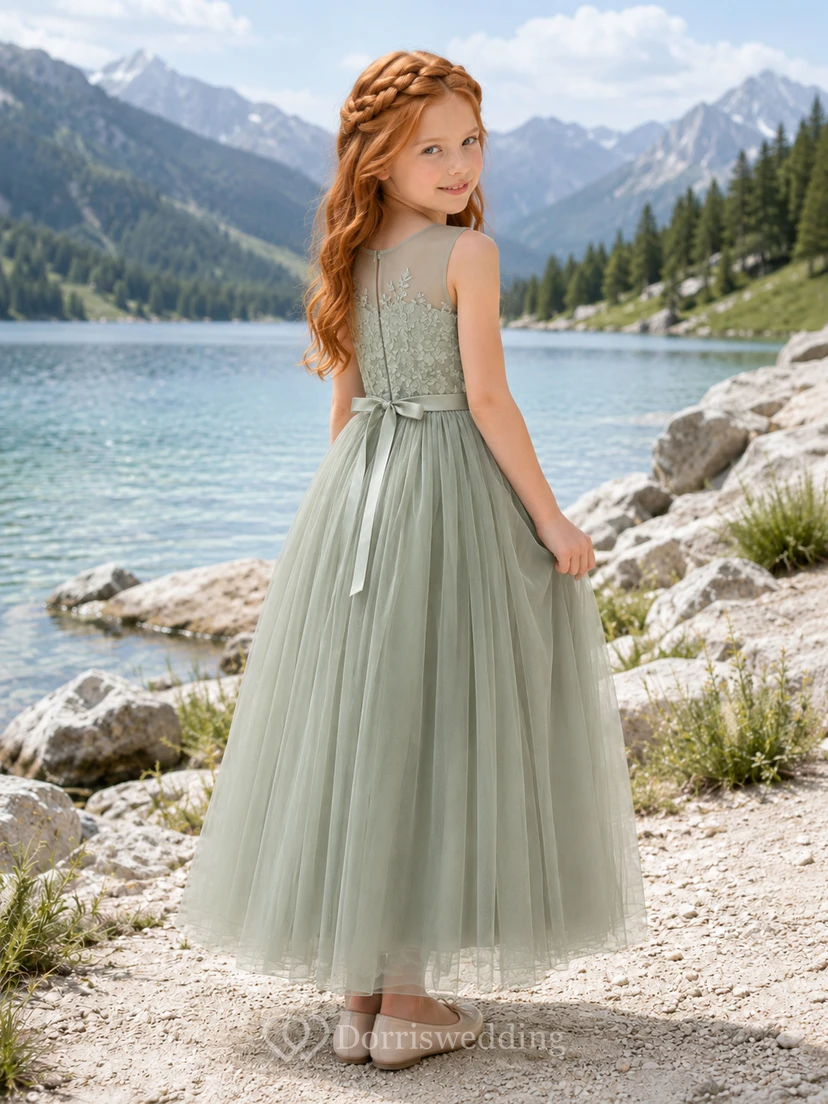 A-Line Flowergirl Sage Tulle Floor-Length Sleeveless Mountain Wedding Dress view 2