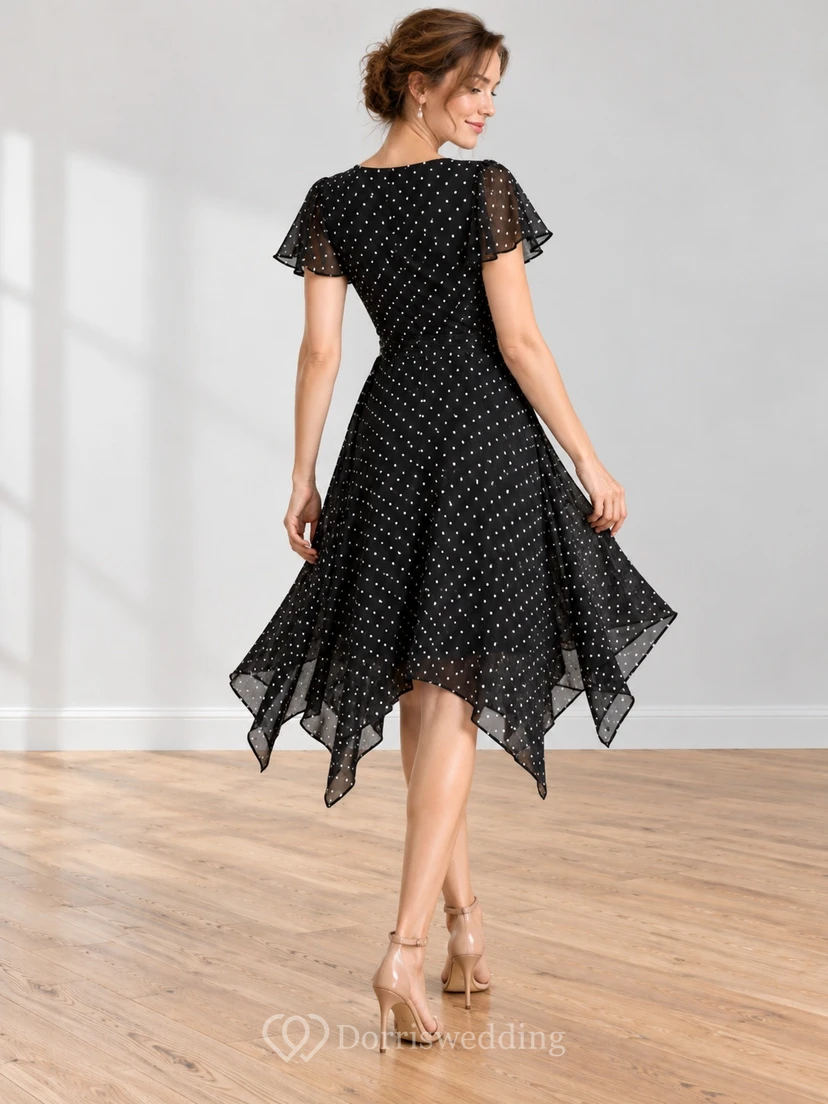 Vintage Black Polka Dot V-neck Flutter Sleeve Asymmetric Cocktail Dance Dress view 2