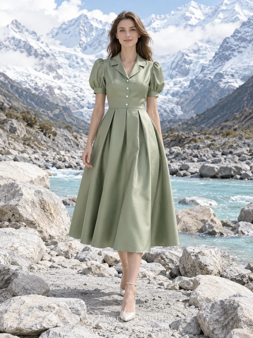 Schlichtes, dezentes, salbeigrünes Hemdblusenkleid aus Satin in Teelänge mit Puffärmeln