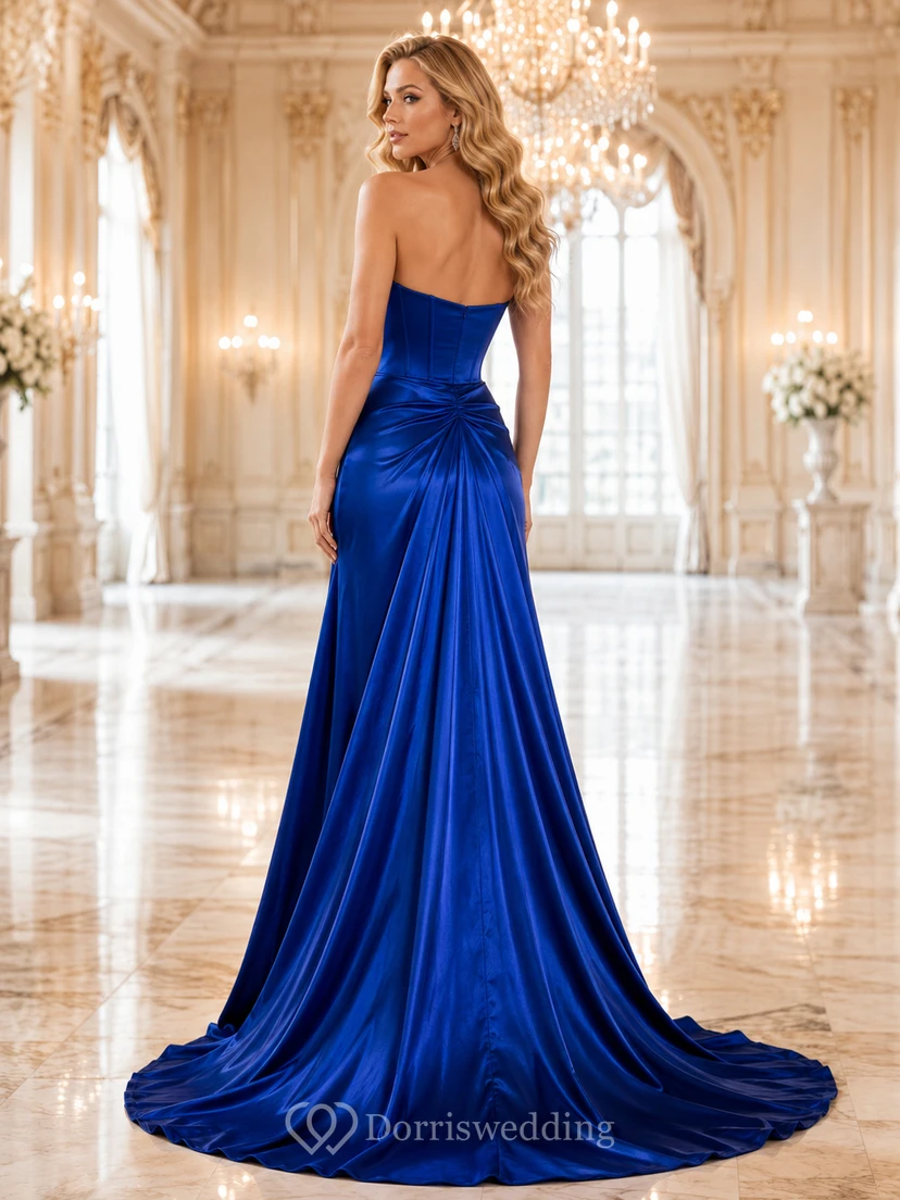 Royal blue strapless satin mermaid gown with draped slit view 2
