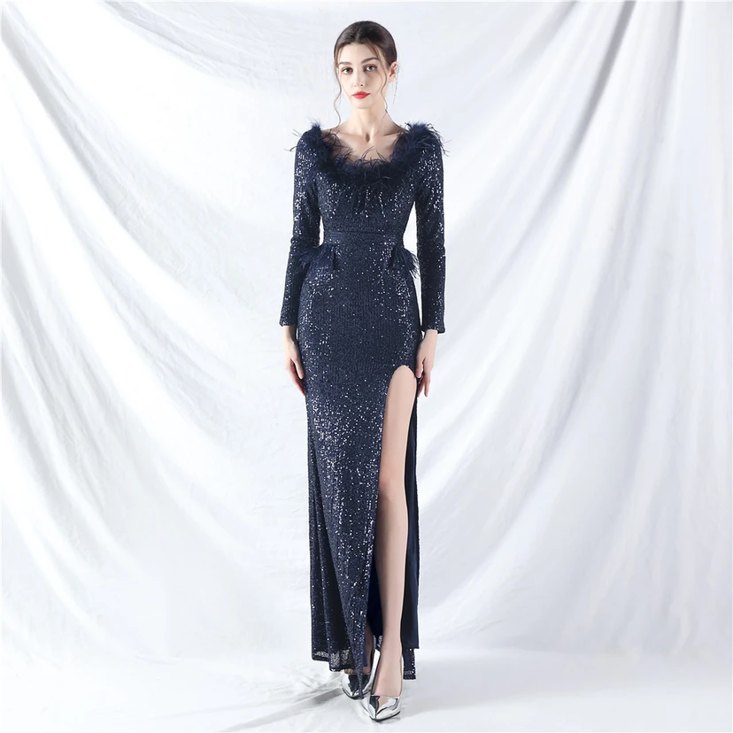 Craft-Made Ostrich Feather Long-Sleeved Beads Evening Dress view 67
