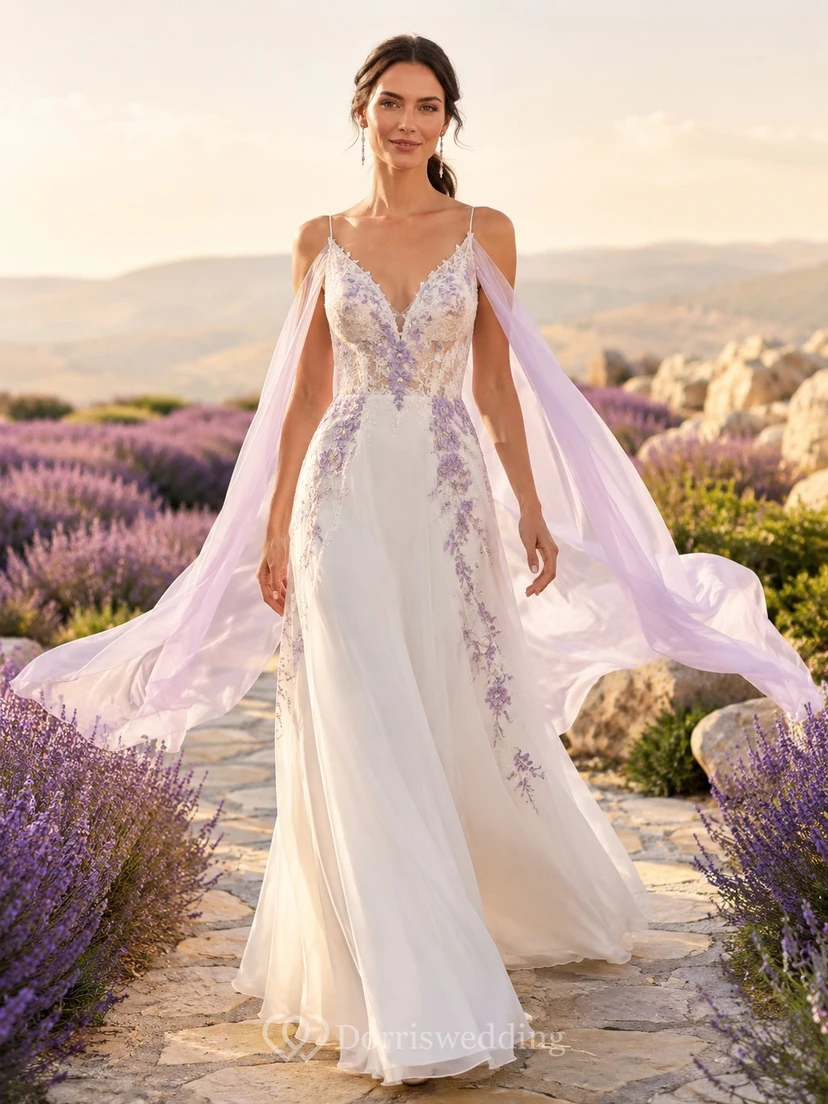 Boho Lavender Floral A-Line Chiffon Bridal Dress V-neck Sleeveless Draped Cape