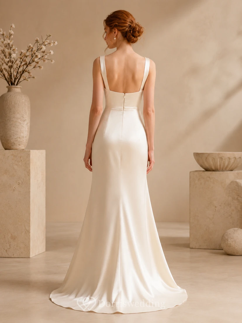 Beach Satin Wedding Dress Sheath Square Neck Sleeveless Sweep Train with Slit Open Back Bridal Gown view 2