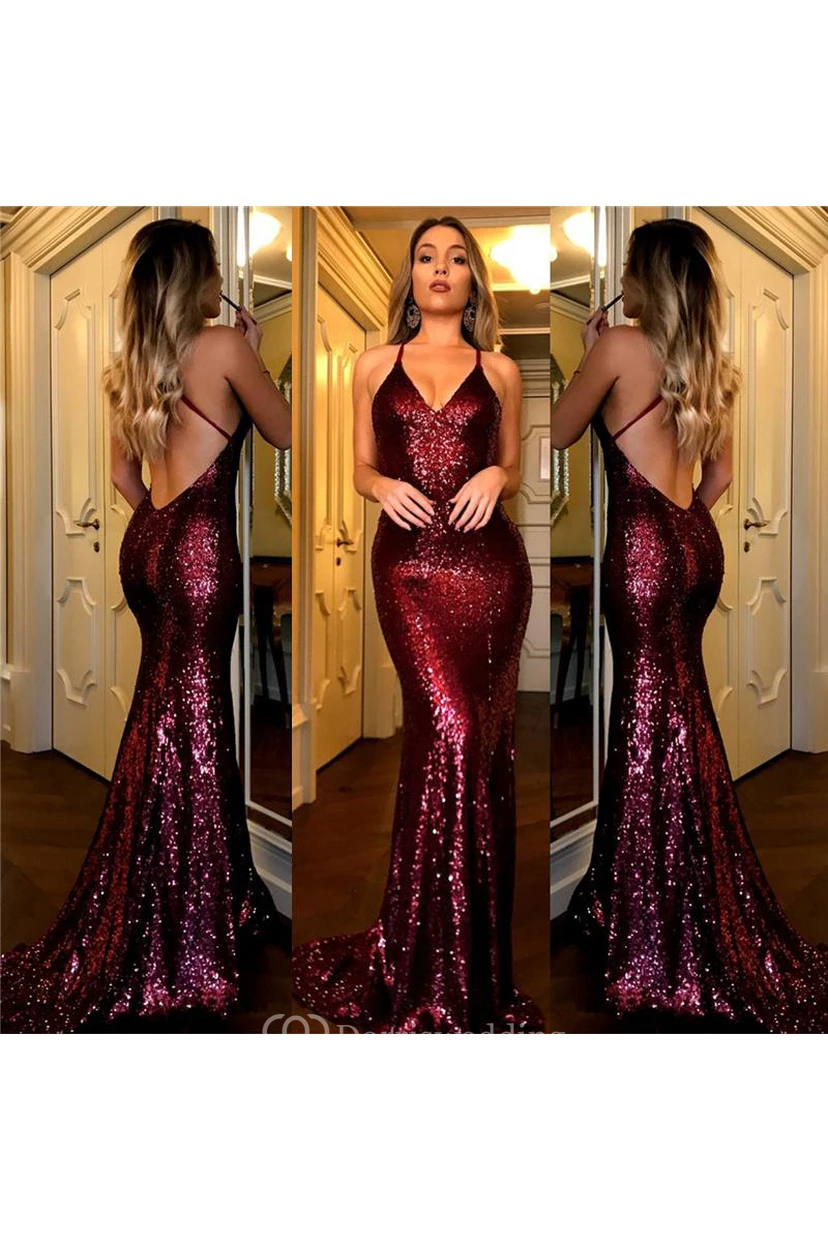 Mermaid Trumpet Sequins Spaghetti Sleeveless Open Back Straps Dress