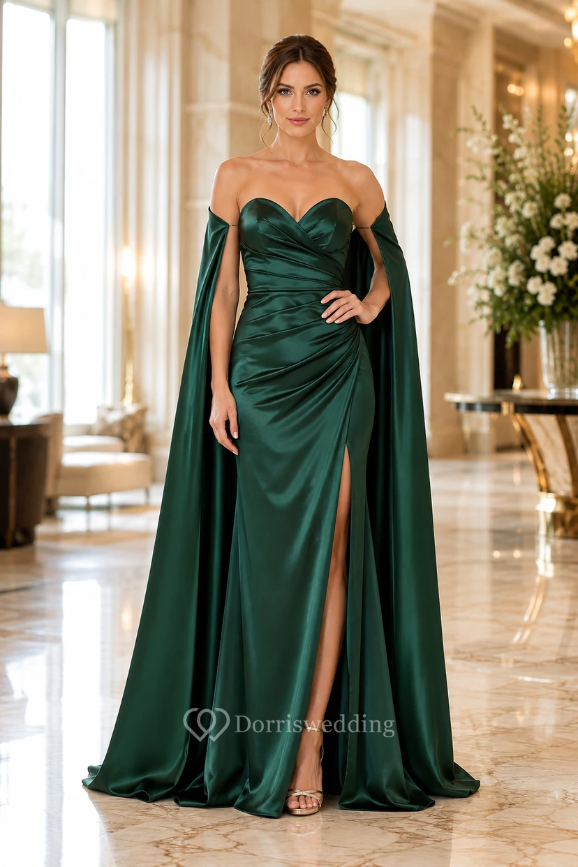 Robe de soirée sirène en satin vert foncé, épaules dénudées et traîne fendue