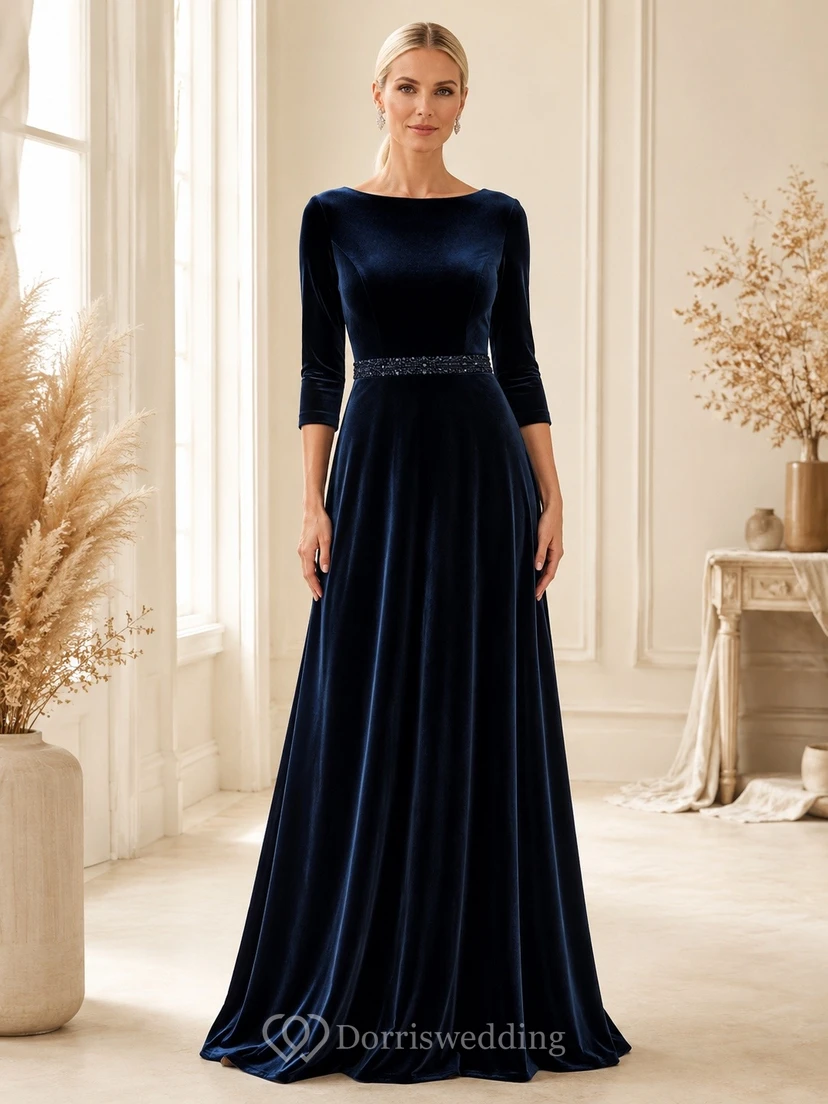 Dark Navy Elegant Square Velvet Three-Quarter-Sleeve A-Line Floor-Length Dress