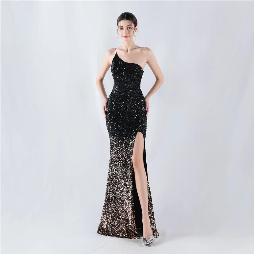 Sexy Abendkleid mit Samtsaum, Farbverlauf, Pailletten, hohem Schlitz und schräger Schulterpartie view 61