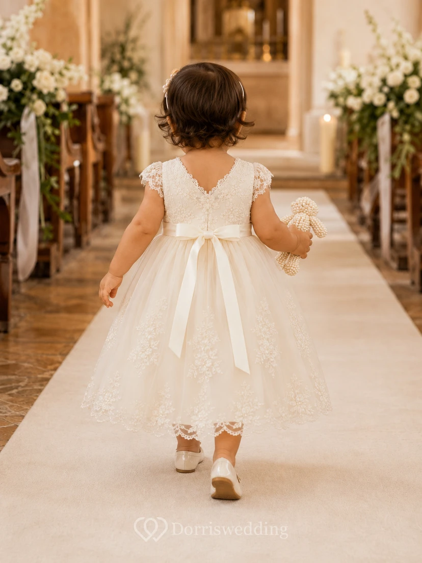 Robe de baptême pour bébé, coupe trapèze, corsage en dentelle brodé à la main, longueur thé, romantique, élégante et adorable en tulle view 2