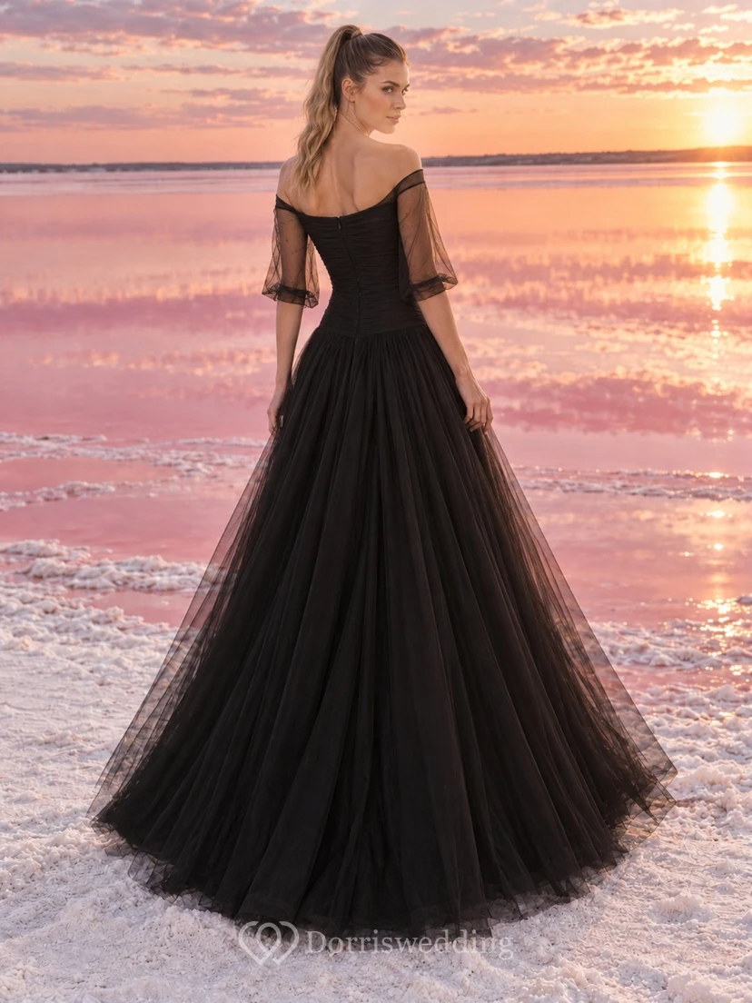Simple Black Square Half Sleeve Tulle A-Line Sweep Train Wedding Dress view 2