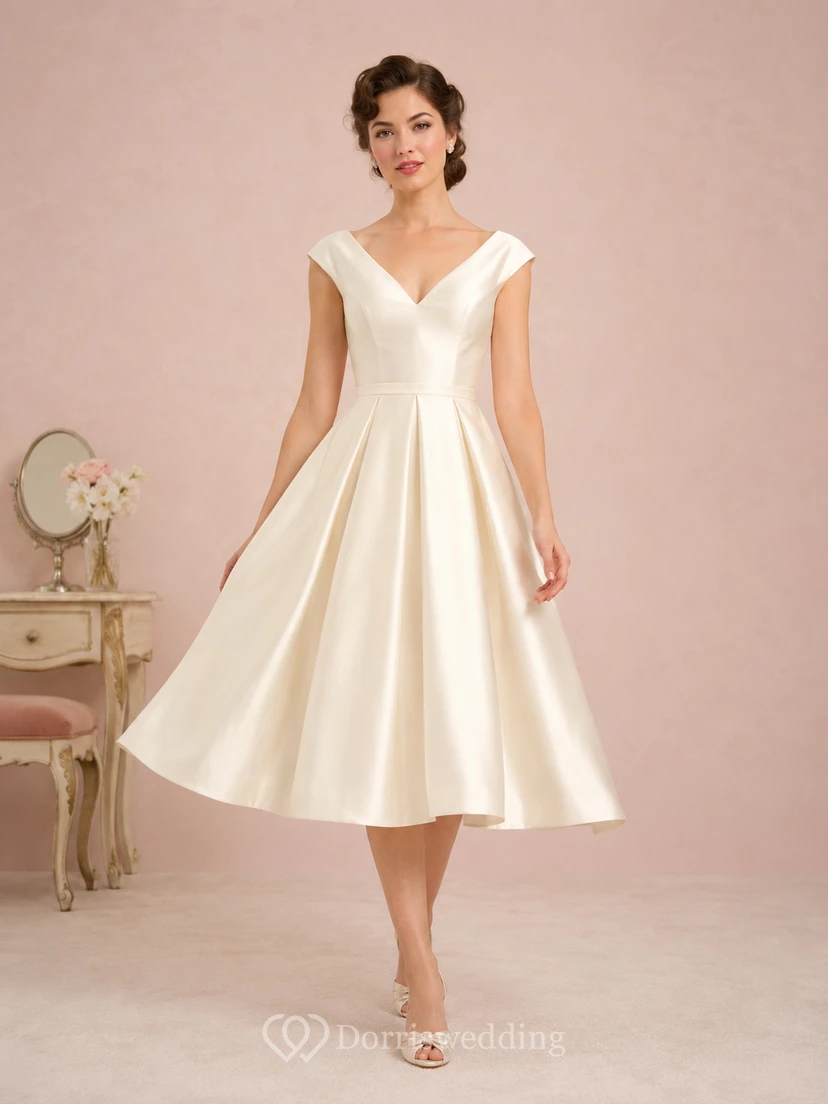 Robe de mariée vintage en satin à manches courtes et col en V, longueur thé