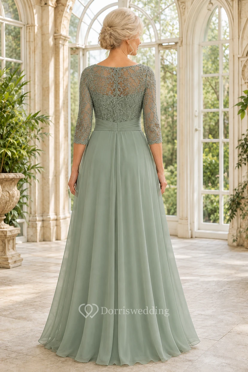 Sage Lace Bodice A-Line Mother Dress with Three-Quarter Sleeves view 2