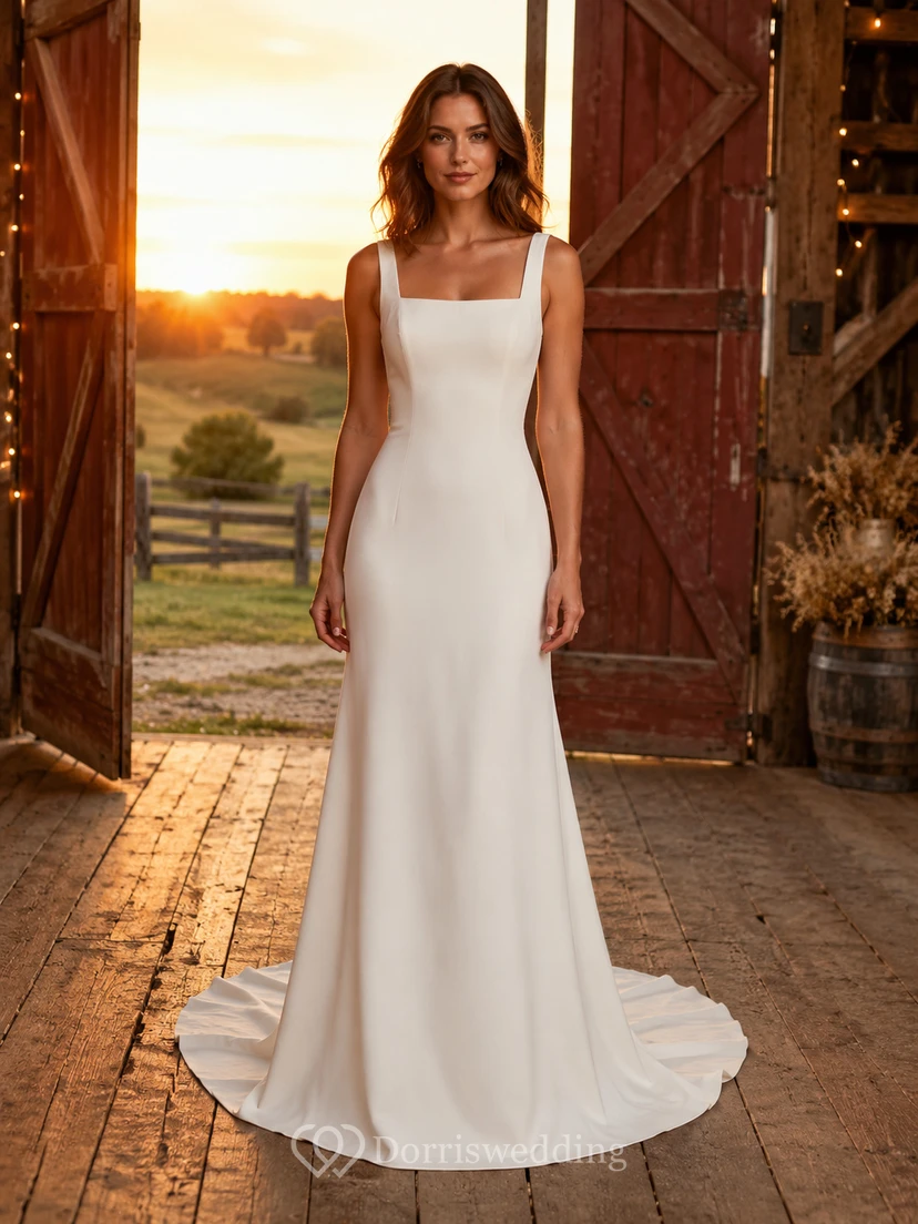 Minimalist Square Neck Satin Sheath Ranch Wedding Dress