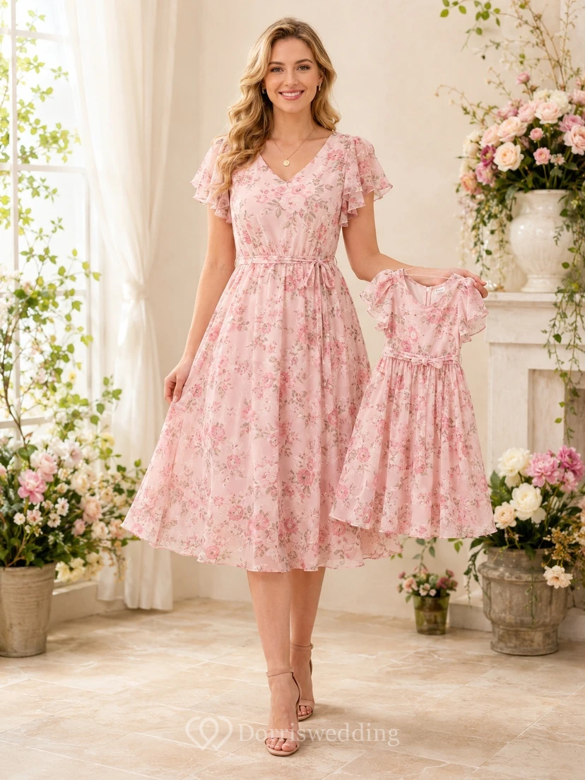 Rosa geblümtes A-Linien-Kleid mit V-Ausschnitt, flatternden Ärmeln und Teelänge – ideal für Mütter