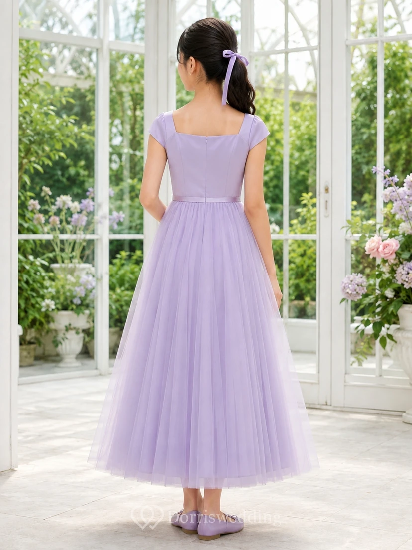 Lavendelfarbenes Brautjungfernkleid für junge Damen, A-Linie, Teelänge, eckige kurze Ärmel, bezaubernd, festlich view 2