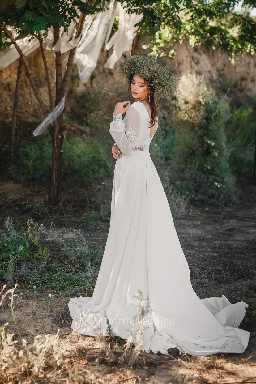 Schlichtes, langärmeliges Boho-Chiffon-Hochzeitskleid mit Rundhalsausschnitt und Chiffon-Muster, elegant für den Landhaus view 2