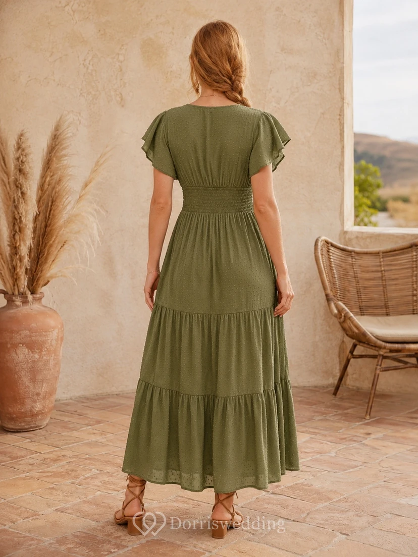 Salbeigrünes, gestuftes Chiffon-Midikleid mit V-Ausschnitt und kurzen Ärmeln view 2