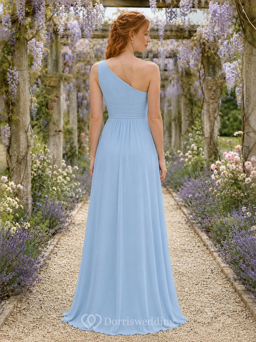 Sky Blue Formal Garden A-Line Chiffon Bridesmaid Dress with Sleeveless One-Shoulder Bodice, Pleated Floor-Length Skirt and Low V Back view 2