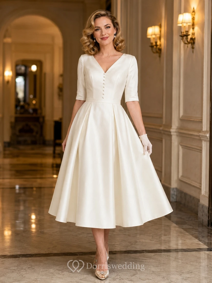 Vintage Teelanges Brautkleid aus Satin mit V-Ausschnitt, halben Ärmeln, Knöpfen und A-Linien-Schnitt