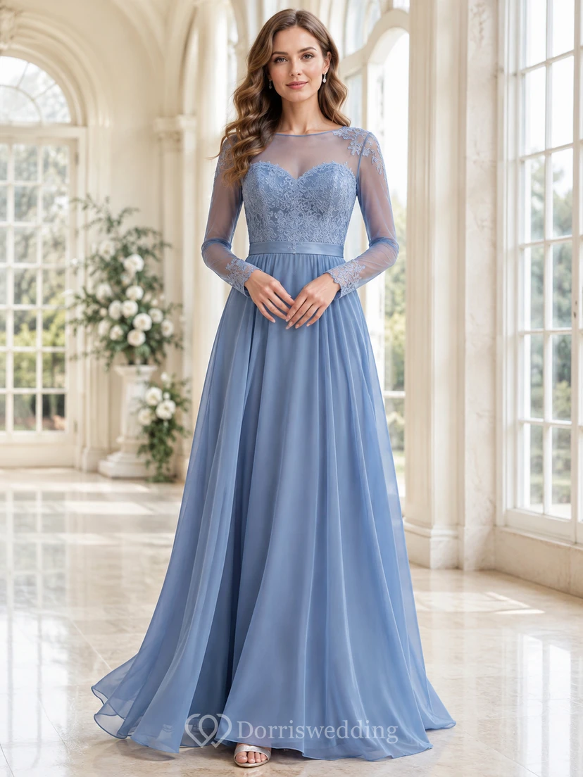 Vestido de maternidad de gasa de encaje de manga larga, corte en A, color azul acero, modesto, con efecto ilusión y mangas largas.