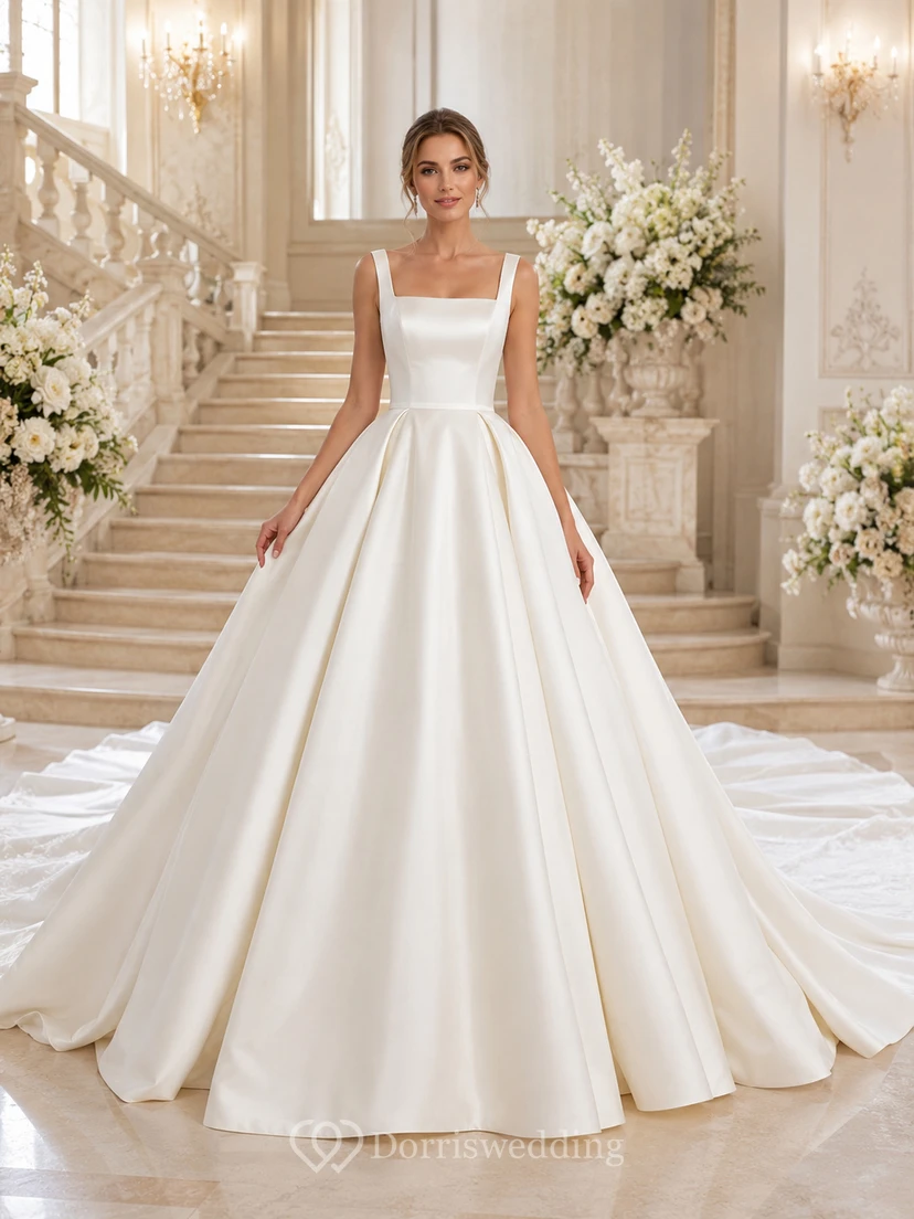 Robe de mariée princesse en satin à col carré, sans manches et traîne cathédrale, col princesse