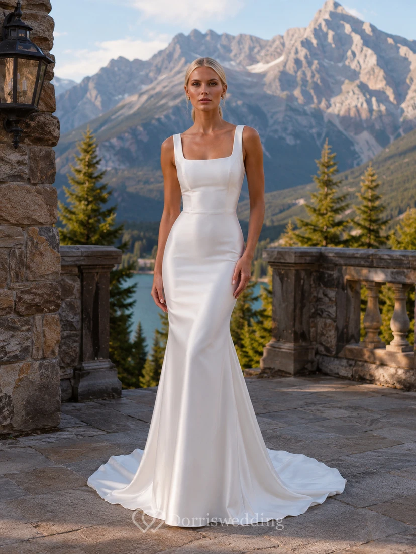 Robe de mariée sirène en crêpe à fines bretelles et encolure carrée, idéale pour un mariage à la montagne