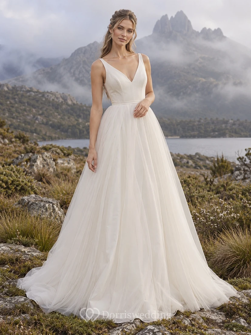 Simple V-Neck Sleeveless Tulle A-Line Floor-Length Bridal Wedding Dress
