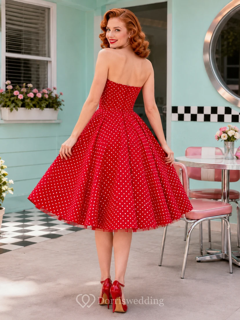 Red Polka Dot Strapless Sweetheart Satin Vintage Tea Cocktail Dress view 2