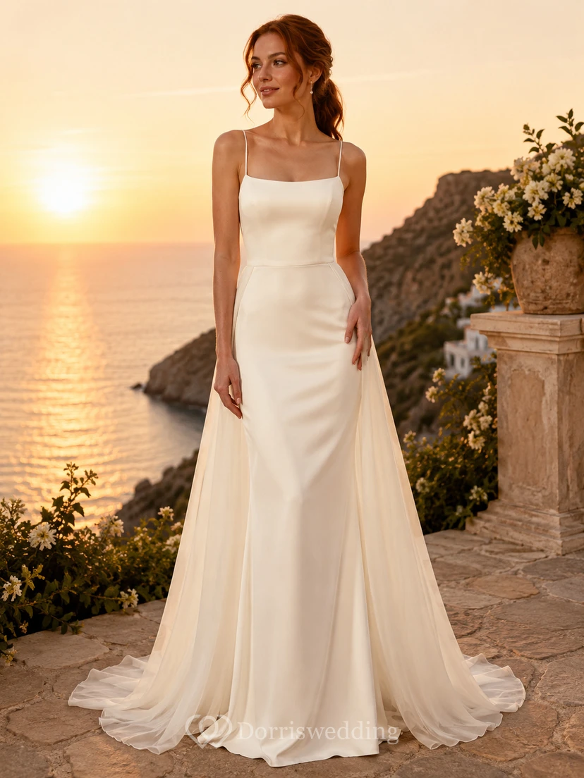 Minimalistisches Chiffon-Brautkleid, A-Linie, eckiger Ausschnitt, ärmellos, kurze Schleppe