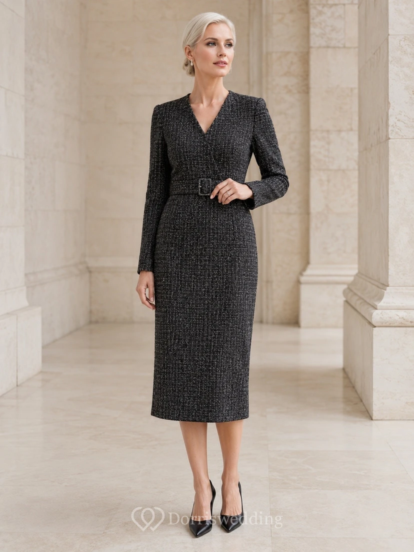 Dark Gray Tweed V-Neck Long Sleeve Pencil Midi Dress