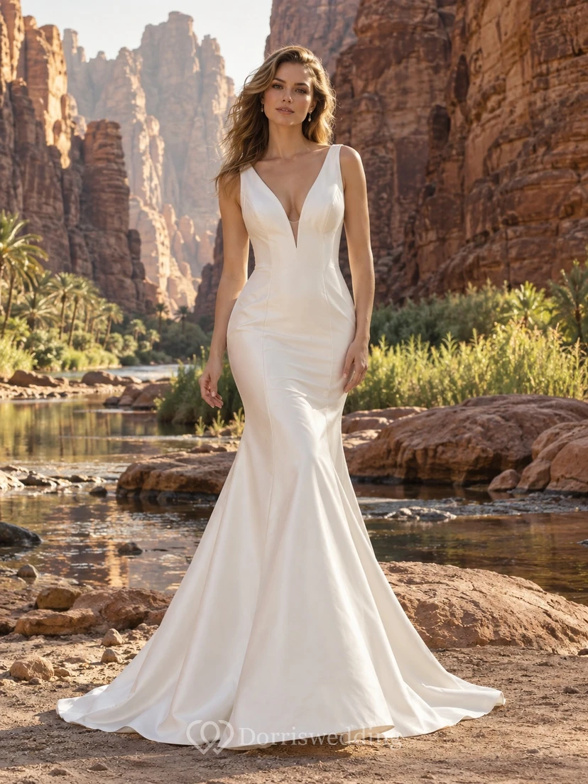 Vestido de novia sencillo de satén con escote en V, tirantes anchos y corte sirena, que se ajusta a la cadera.