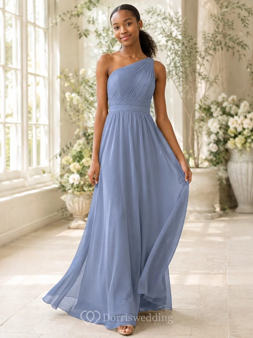 Stahlblaues Brautjungfernkleid für junge Damen, A-Linie, One-Shoulder, ärmellos, elegant, modern