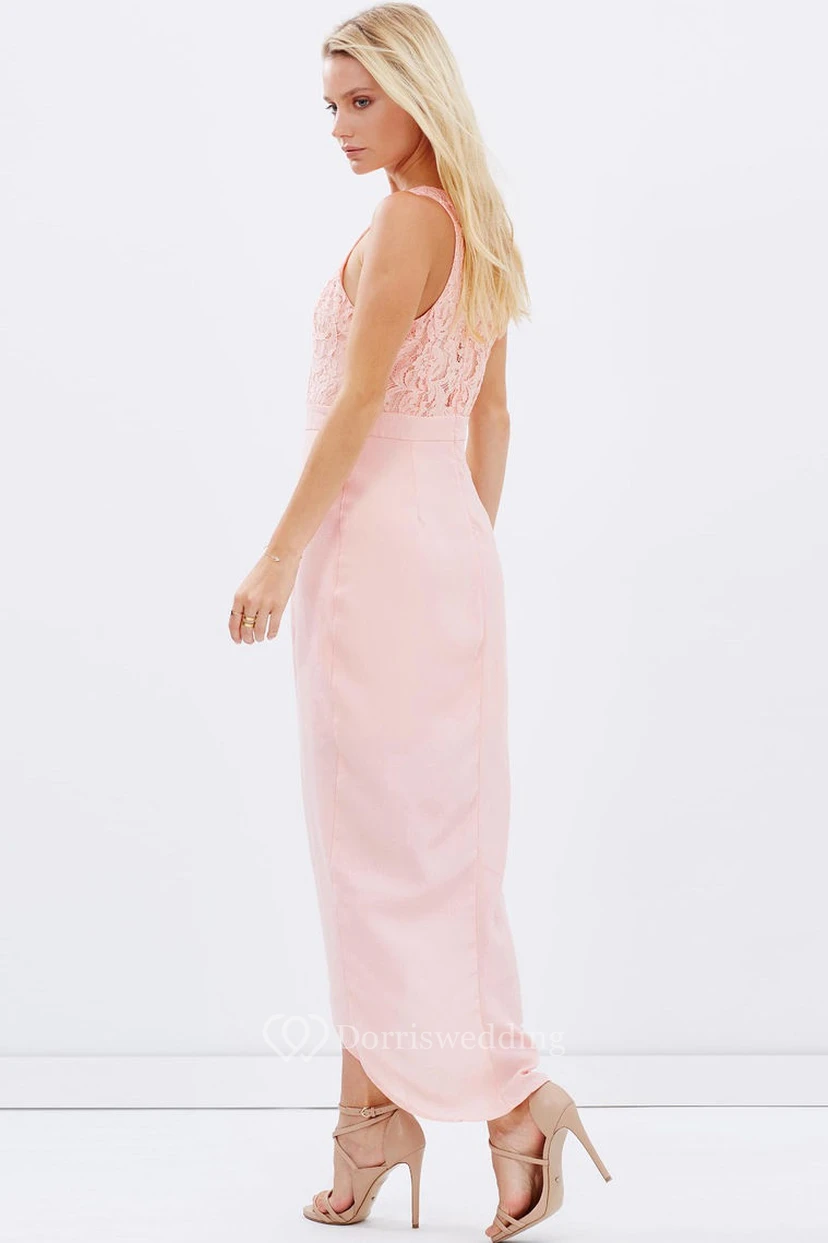 High-Low Lace Scoop Neck Sleeveless Chiffon Bridesmaid Dress view 2