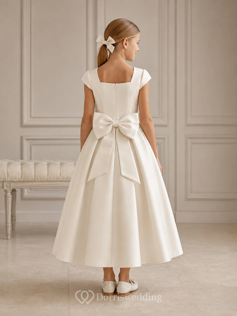 Vestido de comunión de corte A con escote cuadrado discreto, mangas cortas y lazo view 2