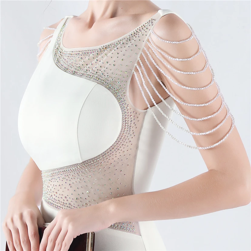 Heavy Hot Diamonds For Transparent Mesh High-Slit Satin Evening Dress Annual Meeting Wedding view 49