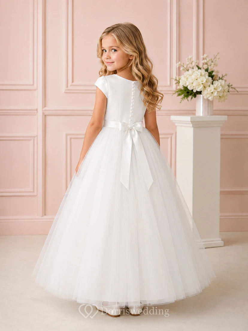 Classic Tulle Floor-Length Ball Gown Cap Sleeve Bow Flower Girl Princess Wedding Dress view 2