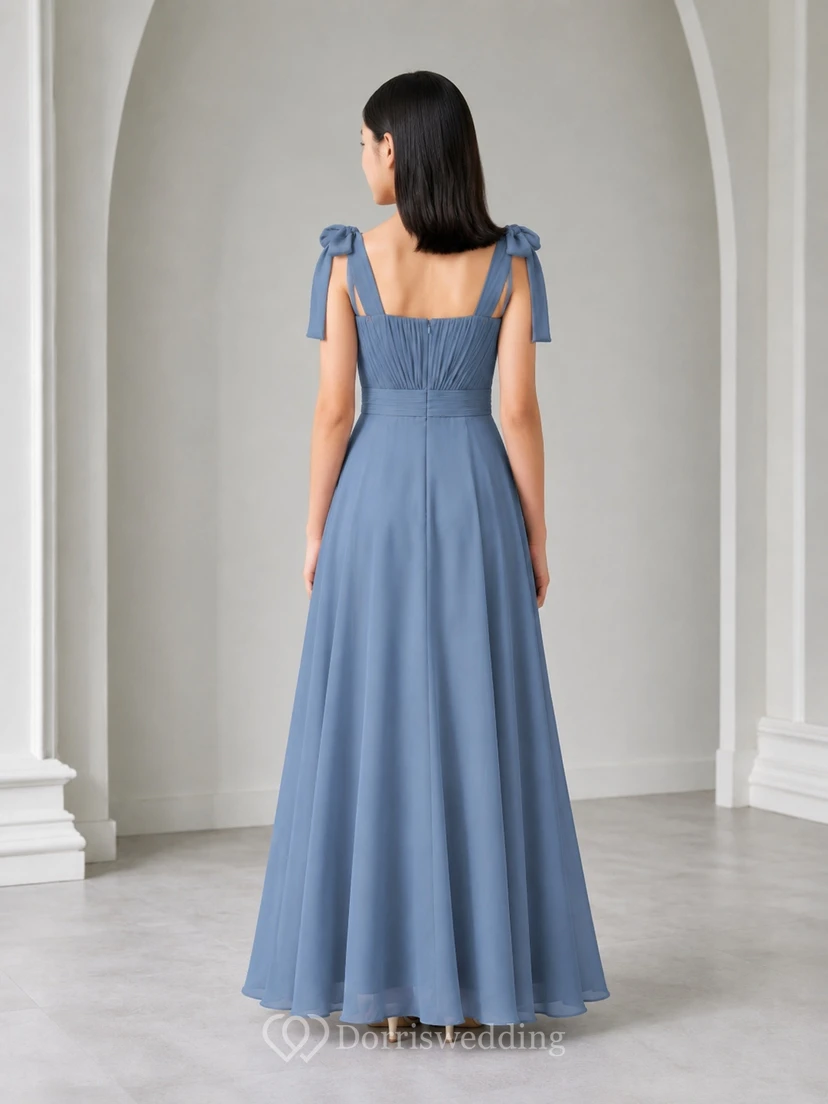 Stahlblaues Brautjungfernkleid für junge Mädchen, A-Linie, eckige Schulterpartie, ärmellos, Schleifen view 2