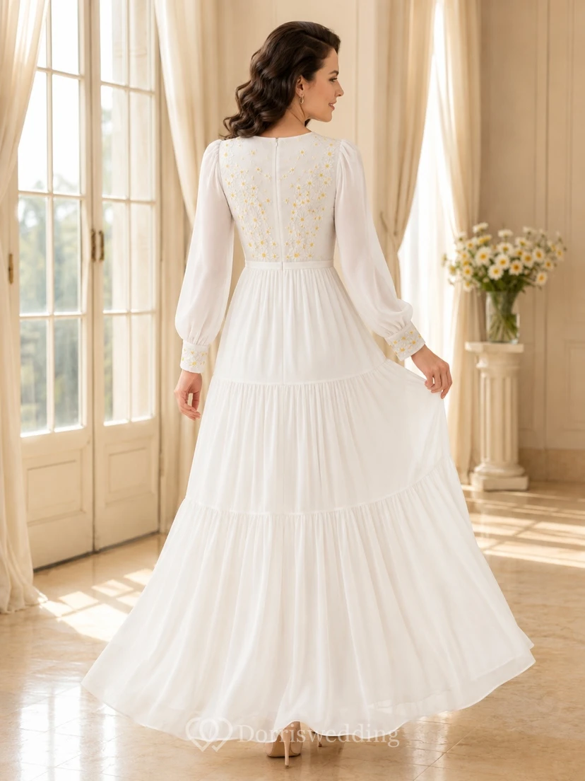 High Neck Long Sleeve Lace Tiered Floor-length A-line Romantic Modest Wedding Dress view 2
