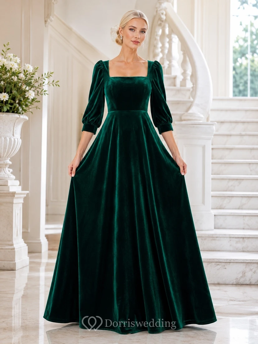 Dark Green Square Neck Long Sleeve Velvet Ball Gown Dress