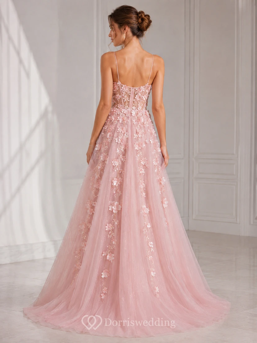 A-Line Lace Prom Dress with Strapless, Sleeveless and Appliques Flower, Floor Length view 2