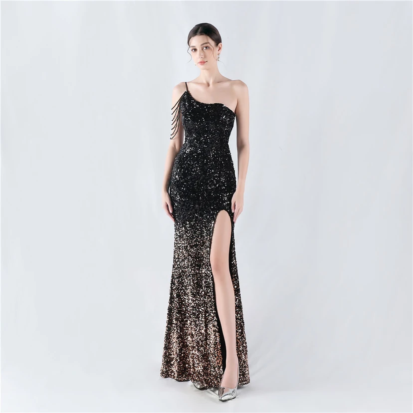Vestido de noche asimétrico con tirantes, lentejuelas, lentejuelas y bajo de terciopelo degradado de alta densidad view 41