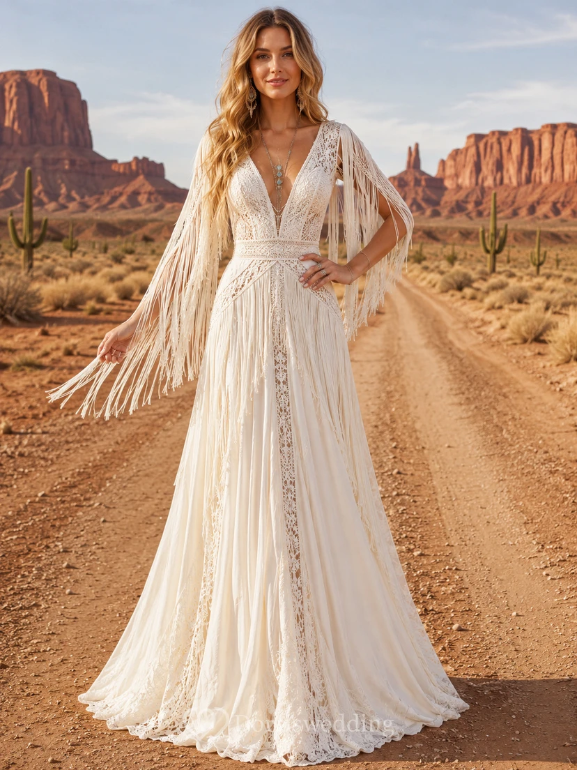 Robe de mariée bohème trapèze à franges et col en V, style désert de l'Ouest