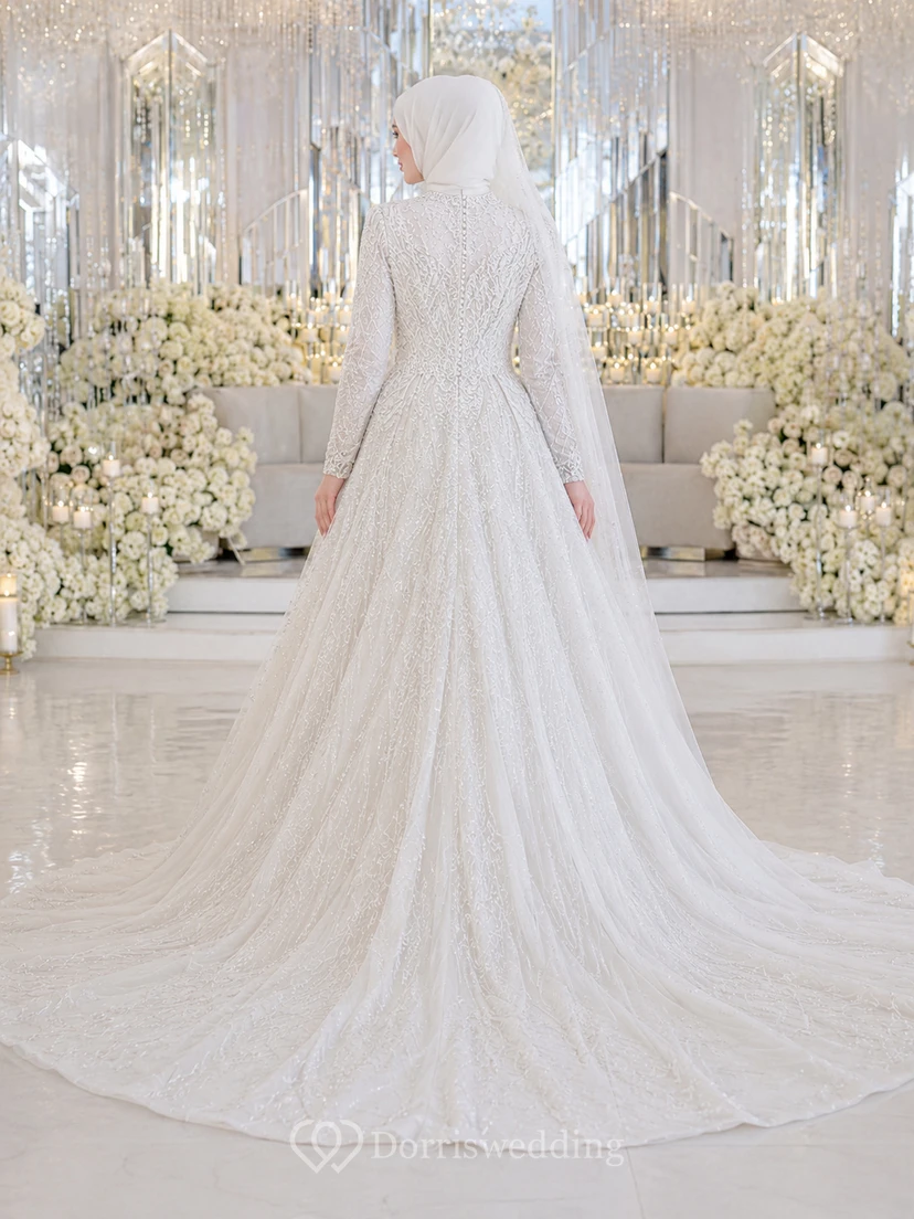 Modest Muslim Simple Nikah Stage Satin Bridal Gown view 2