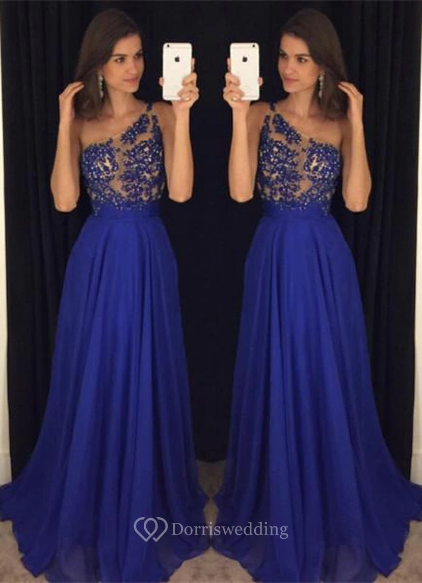 Elegant Royal Blur One Shoulder Prom Dresses Long Chiffon Appliques