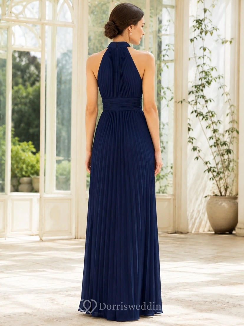 Navy Chiffon High Neck Sleeveless Pleated A-line Floor-length Dress view 2