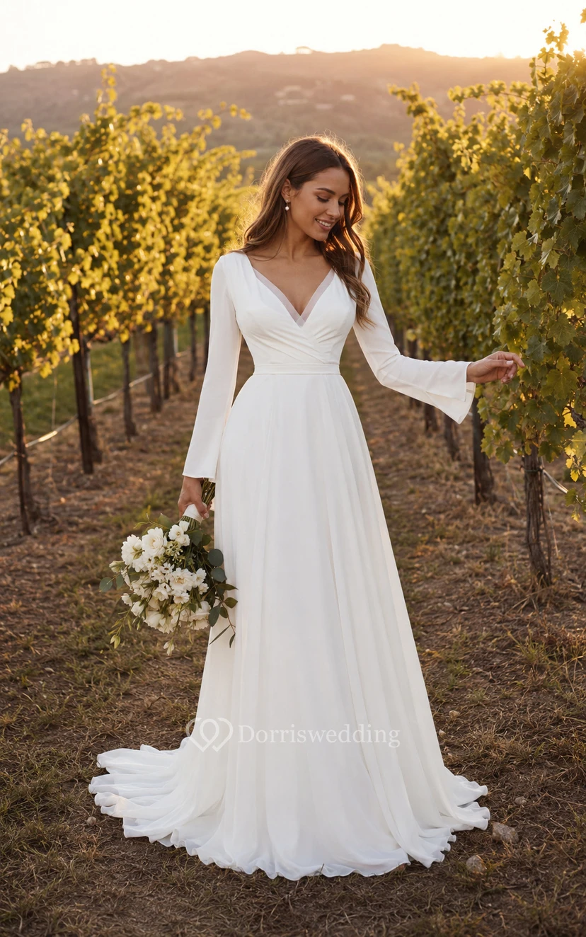 Robe de mariée ivoire en mousseline de soie à manches longues et col en V, avec dos en dentelle. view 9