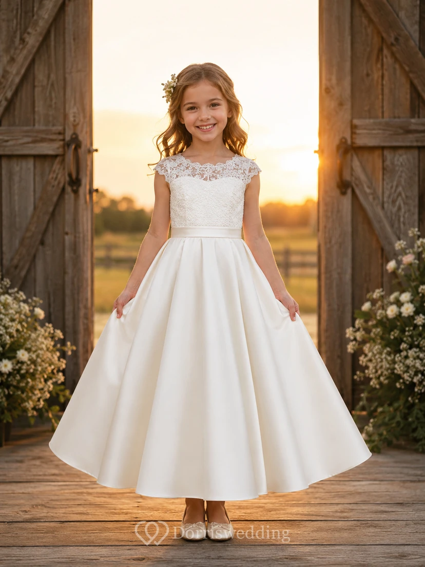 Flower Girl Dress Ivory Satin A-Line Short Sleeve Square Neck Tea Length Bow Detail